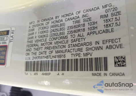 2020 Honda Cr-V 2Wd Ex-L из США, поврежденный, VIN 2HKRW1H87LH416916